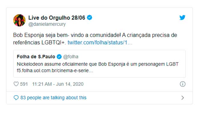 Daniela Mercury comemora no Twitter que Bob Esponja pertence à comunidade LGBTQI+