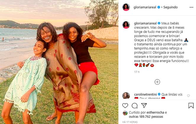 Glória Maria comemora reta final de tratamento no Instagram com foto ao lado das filhas