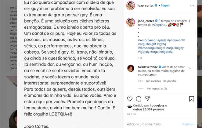 João Côrtes revela ser gay