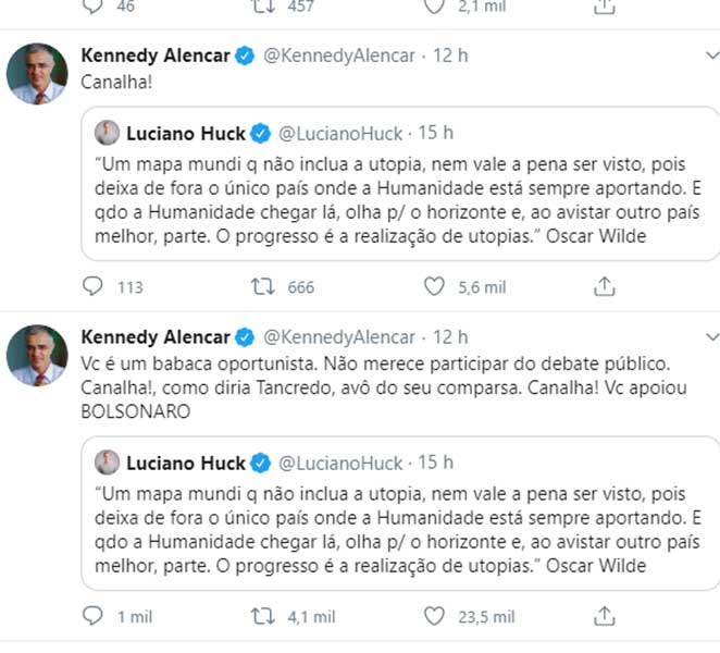 Kennedy Alencar respondeu Luciano Huck nas redes sociais