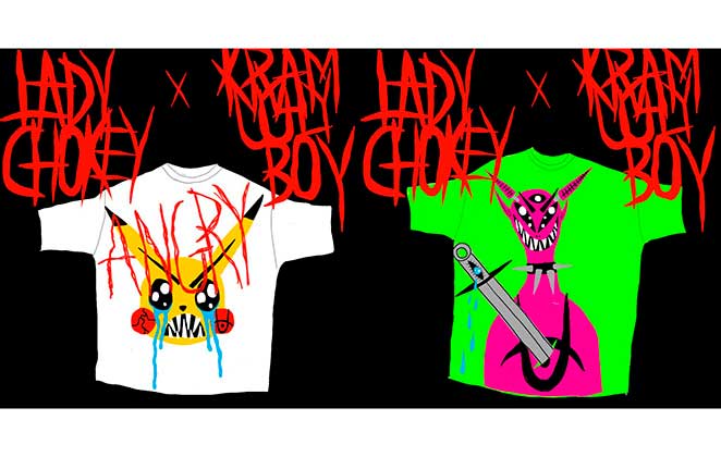 Modelos de camiseta da cleção de games de Lady Chokey em parceria com artista plástico
