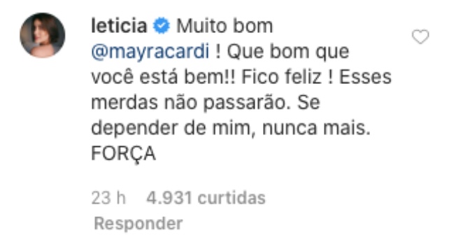 Letícia Almeida apoia Mayra Cardi