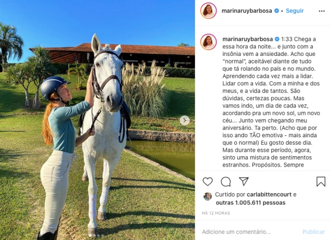 Marina Ruy Barbosa posa com cavalo e faz desabafo