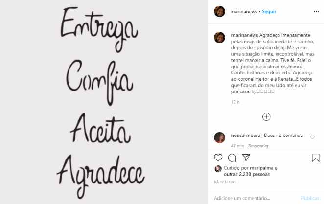Post de Marina Araújo nas redes sociais