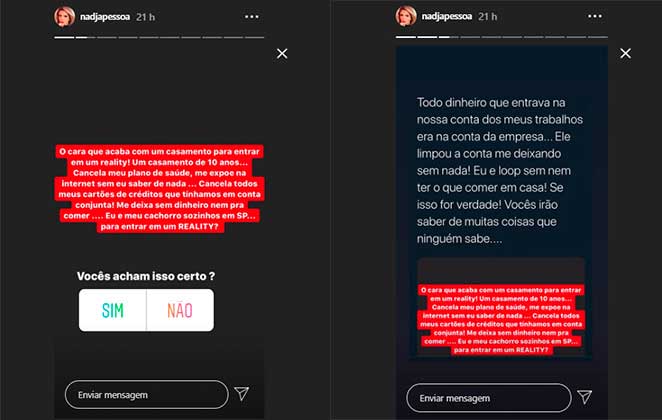 Nadja Pessoa comentou sobre a separação com Vinicius D'Black nos stories do Instagram