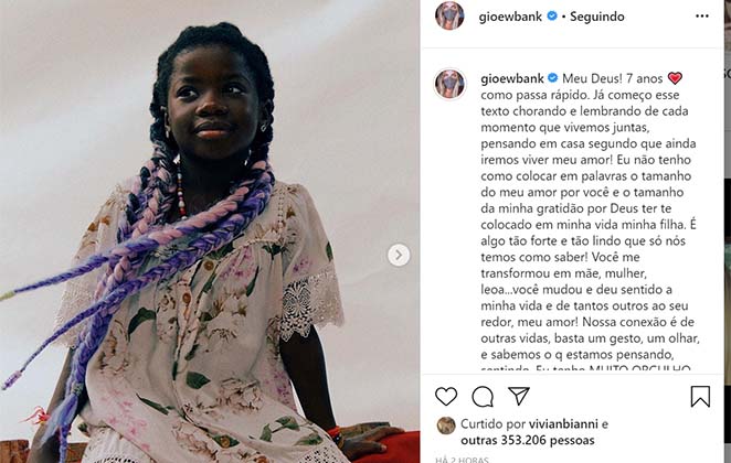 Post cheio de emoção de Giovanna Ewbank, comemorando os 7 aninhos de Titi