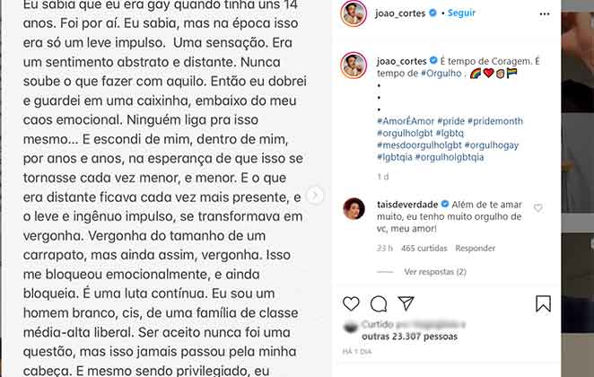 Post do ator João Côrtes sobre sua homossexualidade
