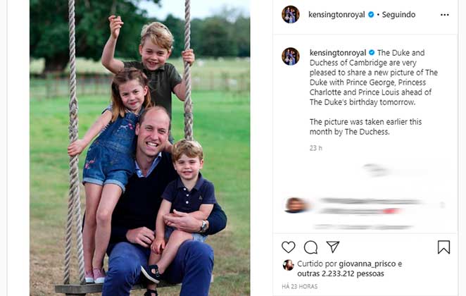 Príncipe William posou sorrindo nas fotos feitas com os filhos em comemoração ao seu aniversário