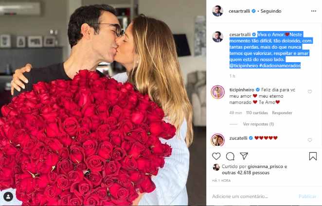 Cesar Tralli surpreendeu Ticiane Pinheiro com buquê de rosas