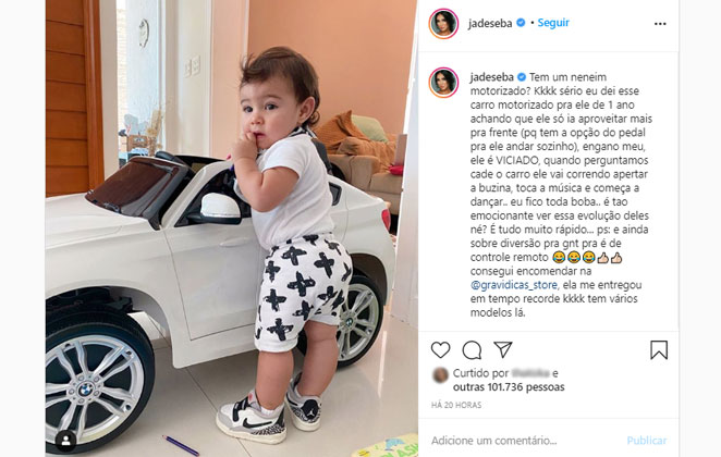 Zion, filho de Jade Seba, ganha carrinho motorizado de presente no valor de R$ 2,4 mil