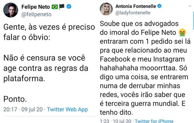 Posts de Antonia Fontenelle e Felipe Neto trocando farpas no Twitter