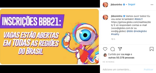 Boninho anuncia abertura das inscrições do BBB21