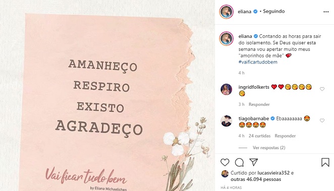 Eliana lamenta saudades dos filhos no Instagram