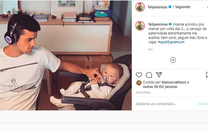 Felipe Simas comentou sobre paternidade no Instagram em foto com o filho Vicente