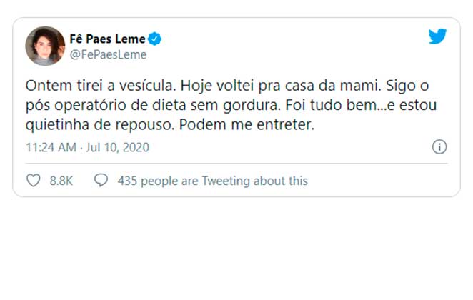 Fernanda Paes Leme contou no Twitter que realizou uma cirurgia para retirar a vesícula
