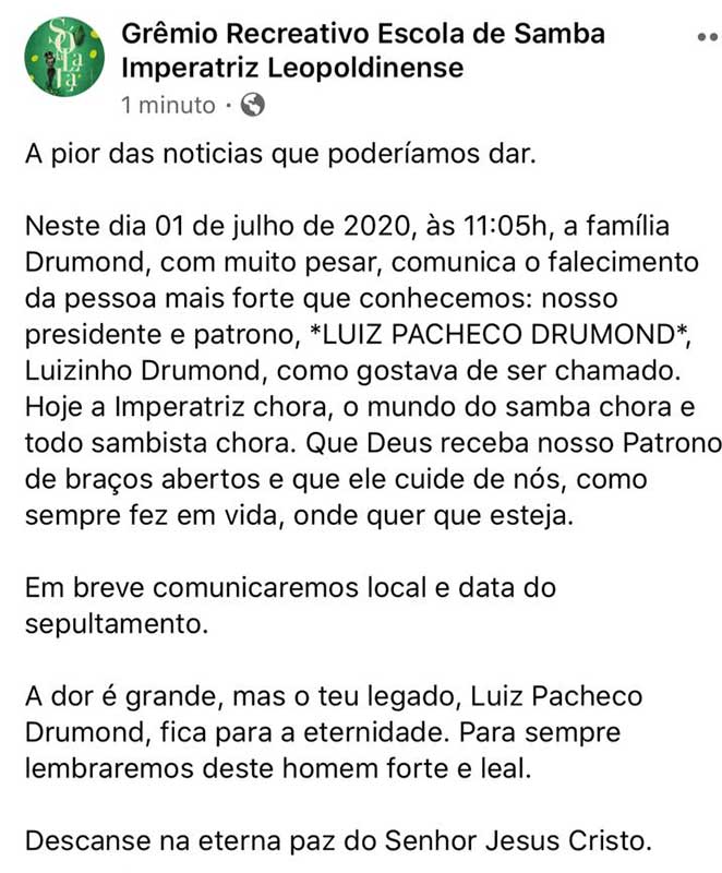 Luizinho Drumond faleceu nesta quarta-feira (1)