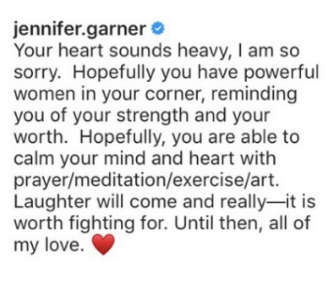 Jennifer Garner responde mensagem de seguidora sobre relacionamento abusivo