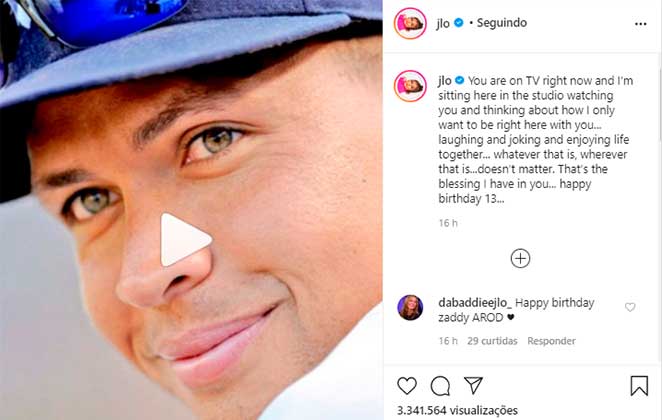 Jennifer Lopez publicou no Instagram um vídeo em homenagem ao aniversário do noivo Alex Rodriguez