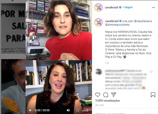 Claudia Raia participou de live no Instagram do Canal Brasil