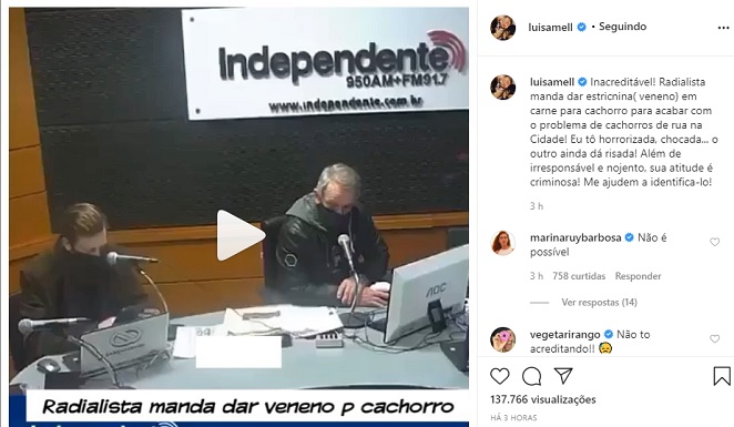 Luisa Mell detona radialista após comentário sobre cães de rua