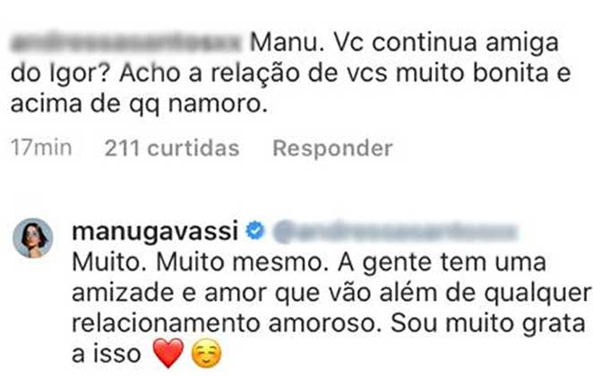 Manu Gavassi falou pela primeira vez sobre término com Igor Carvalho
