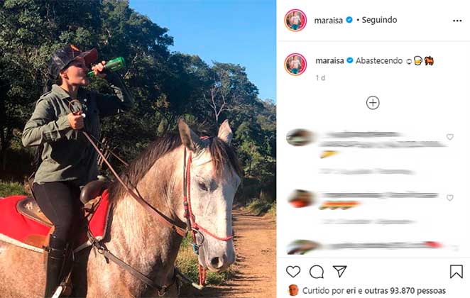 Maraisa compartilhou no Instagram uma foto bebendo cerveja enquanto anda a cavalo