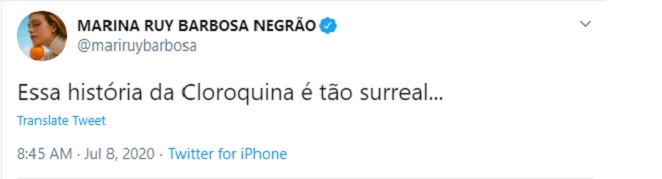 Marina Ruy Barbosa comenta sobre uso da cloroquina nas redes sociais