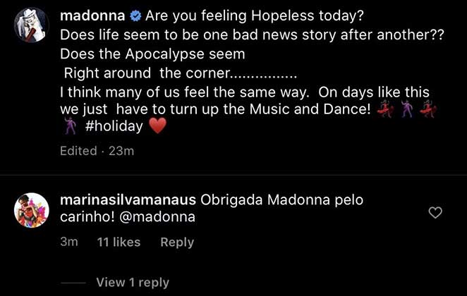 Marina agradece o carinho de Madonna em post