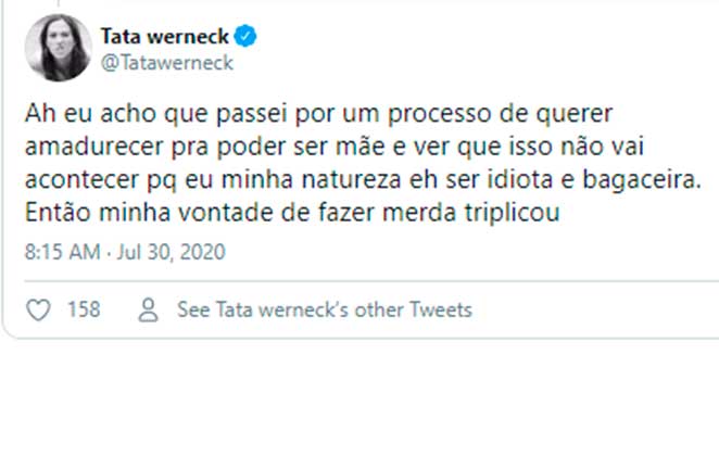 Tatá Werneck desabafou sobre a maternidade em seu perfil no Twitter