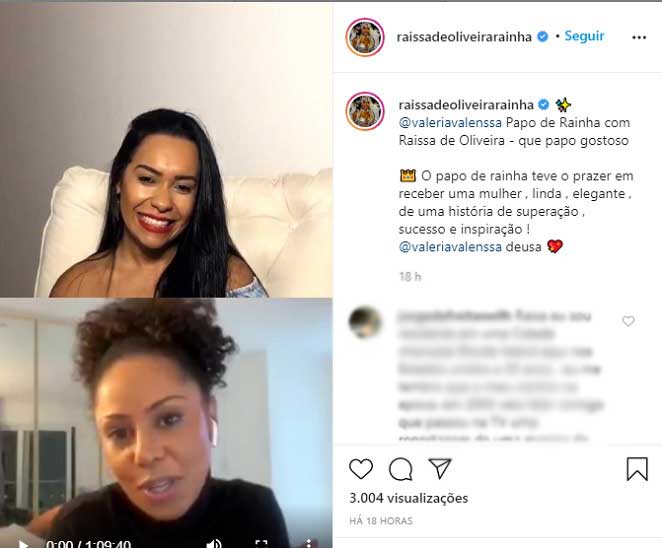 Valéria Valenssa participou de live com Raíssa de Oliveira nas redes sociais