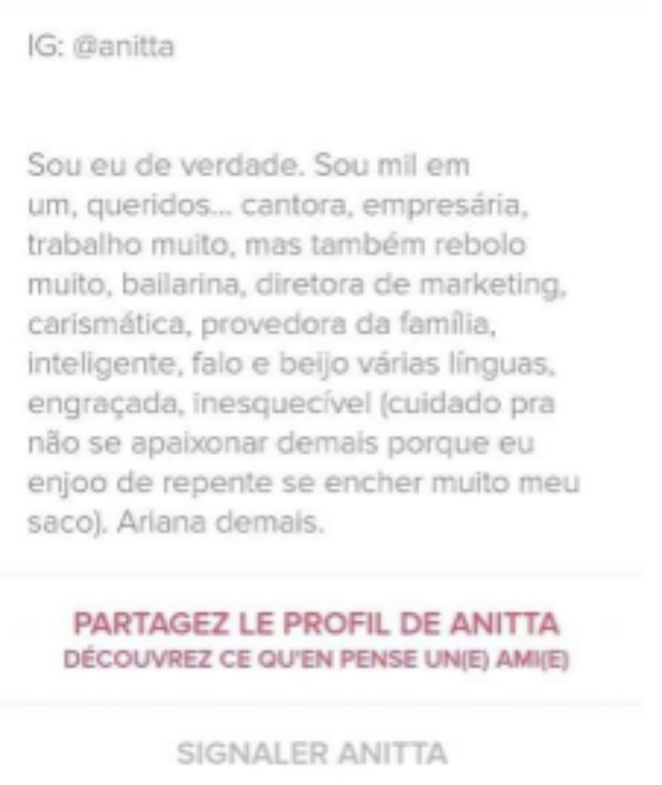 Anitta cita qualidades e talentos em seu perfil de aplicativo de namoro