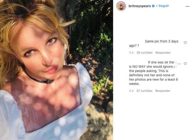 Britney Spears posta várias fotos com a mesma roupa, mudando apenas a pose