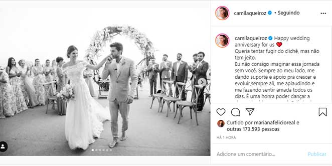 Camila Queiroz e Klebber Toledo completaram dois anos de casados
