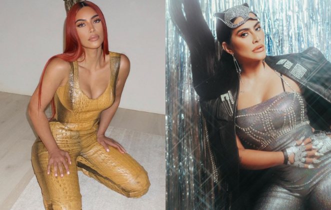 Kim Kardashian usa macacão de estampa de cobra e Cleo se veste de gata com macacão de couro e orelhinhas