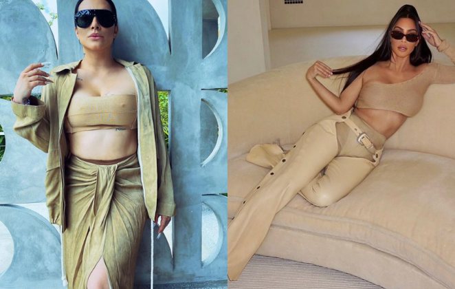 Cleo e Kim Kardashian apostaram em looks completamente bege