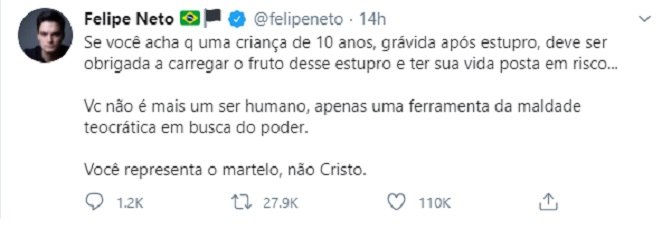 Felipe Neto comenta sobre o caso de menina de dez anos que ficou grávida após sofrer um estupro