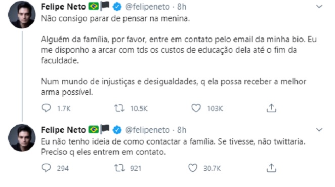 Felipe Neto se oferece para pagar educação de menina de dez anos que foi estuprada no Espírito Santo