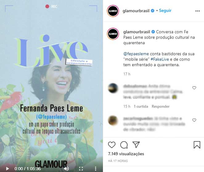 Fernanda Paes participou de live nas redes sociais e contou que quebrou vibrador de tanto usar