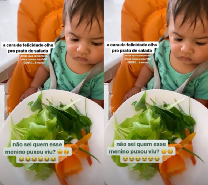 Marília Mendonça mostra o filho Leo fazendo careta ao ver prato de salada