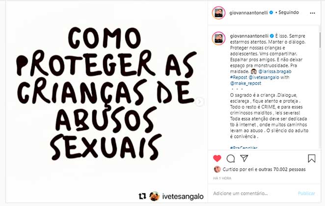 Giovanna Antonelli repostou campanha de Ivete Sangalo contra abuso sexual infantil