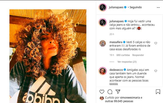 Juliana Paes desabafou sobre a quarentena no Instagram após não entrar em calça jeans