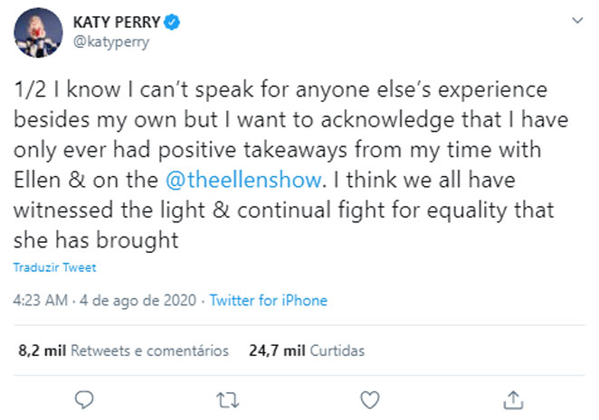 Katy Perry defende Ellen DeGeneres
