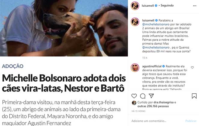 Luisa Mell elogiou a adoção de animais feita por Michelle Bolsonaro