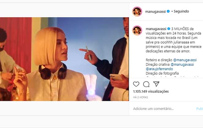 Manu Gavassi comemorou no Instagram as visualizações do clipe com Gloria Groove 