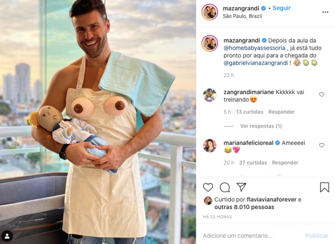 Marcelo Zangrandi diverte fãs com avental de seios falsos