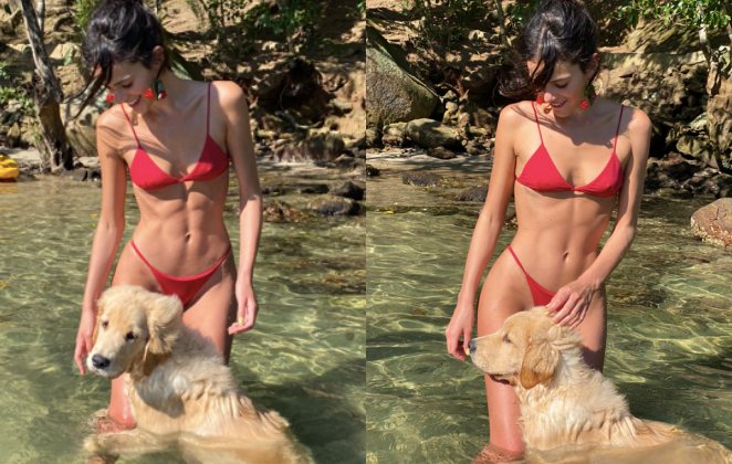 Bruna Marquezine exibiu um corpo sequinho enquanto brincava com seu cachorro no mar