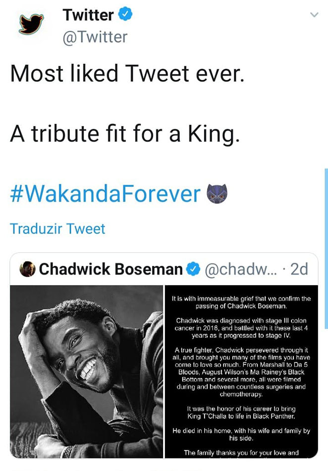Post com o anúncio da morte do ator Chadwick Boseman