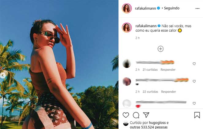 Rafa Kalimann relembrou dias ensolarados do verão no Instagram em meio ao frio