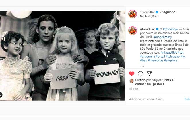 Rita Cadillac relembrou concurso infantil com Angélica no Instagram