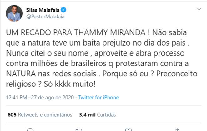 Silas Malafaia rebate Thammy Miranda no Twitter